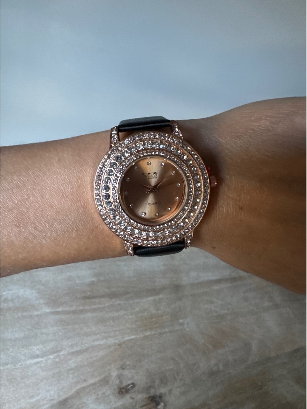Miallo Women's Quartz Wristwatch with Crystal Embellishments and Black Strap